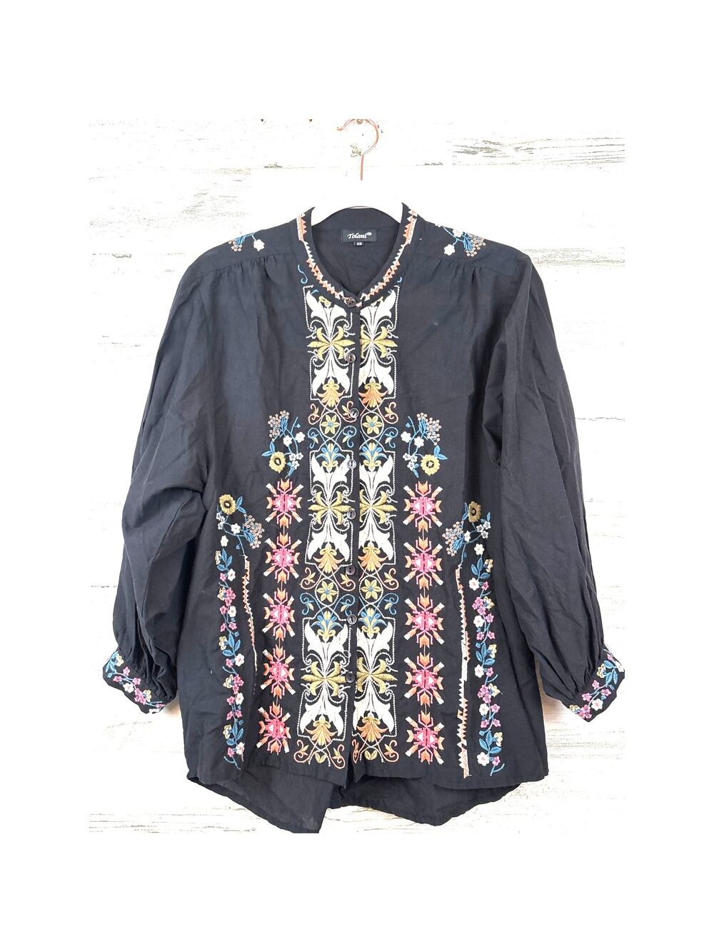 Tolani XS Black Embroidered Floral Tunic Top Boho Cotton Artisan